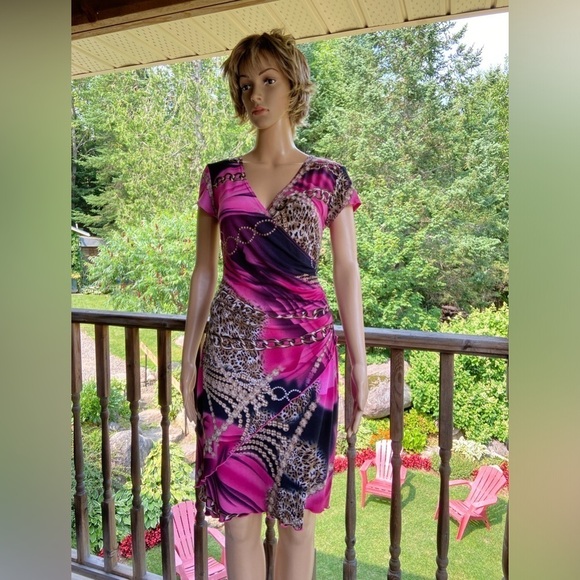 Vintage Joseph Ribkoff Y2K Chains Leopard Print Lettuce Hem Wrap Dress Size M - Picture 7 of 10